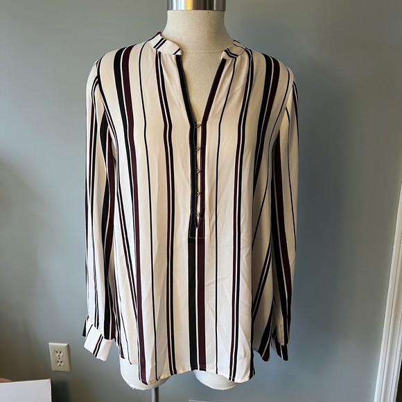 Ivanka Trump Sz L Striped Cream Burgundy hook closure Black Blouse Top POSH55 - Picture 2 of 15